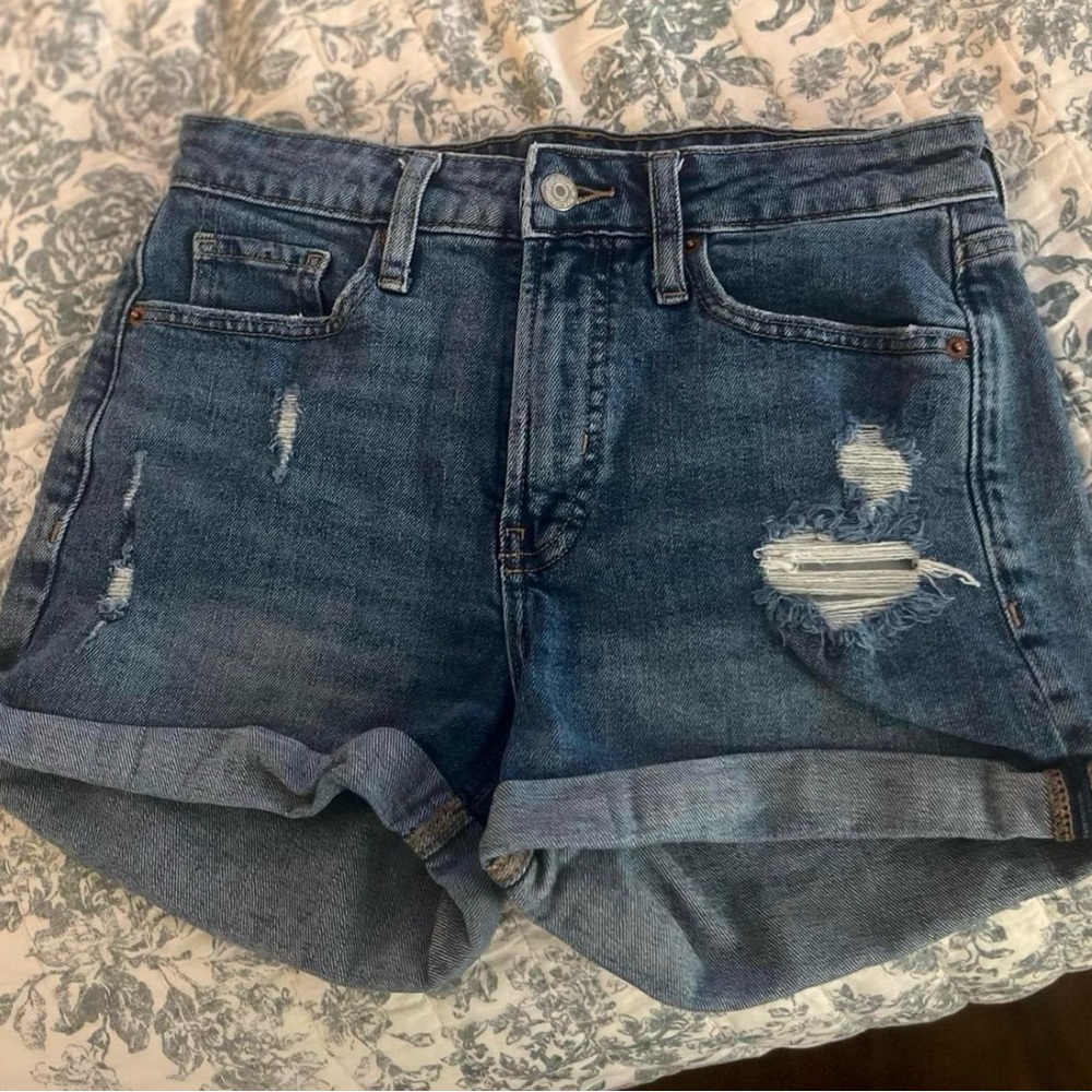 Blue Jean Shorts with Distressed Details and Rolled Hem